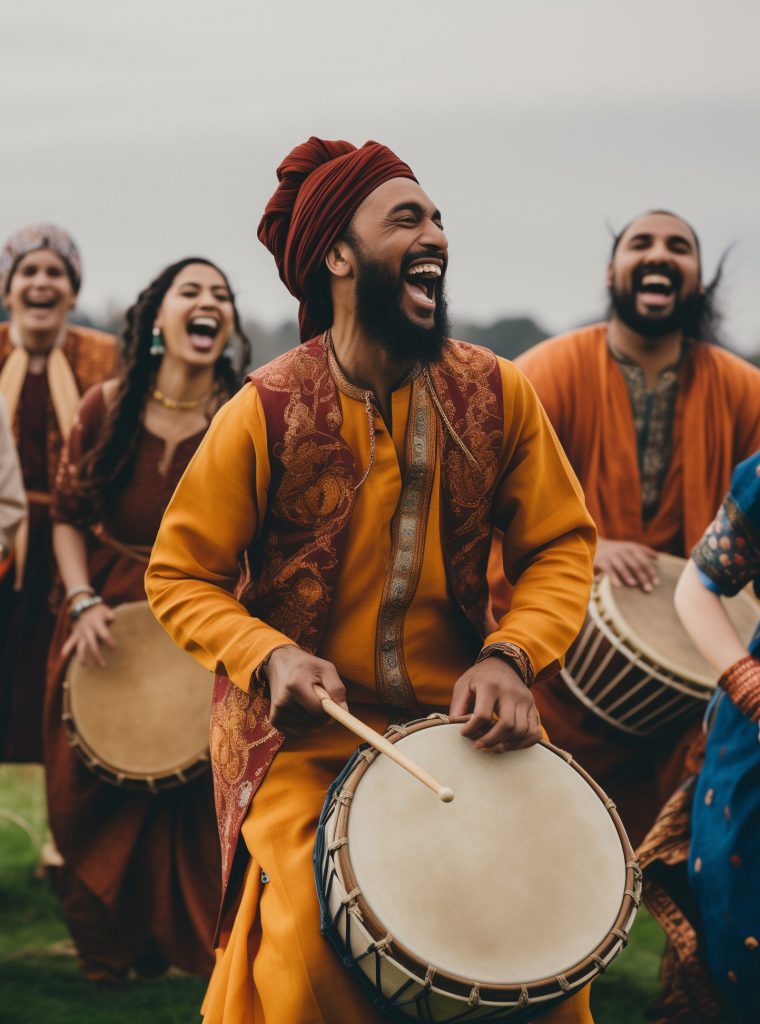 a group of people standing in the field holding drums, in the style of manjit bawa, cheerful colors, elaborate, parodic, graceful poses, photo taken with provia, oshare kei --ar 25:19 Job ID: 7102d701-d0cf-46a6-aa9c-7004b08ec832