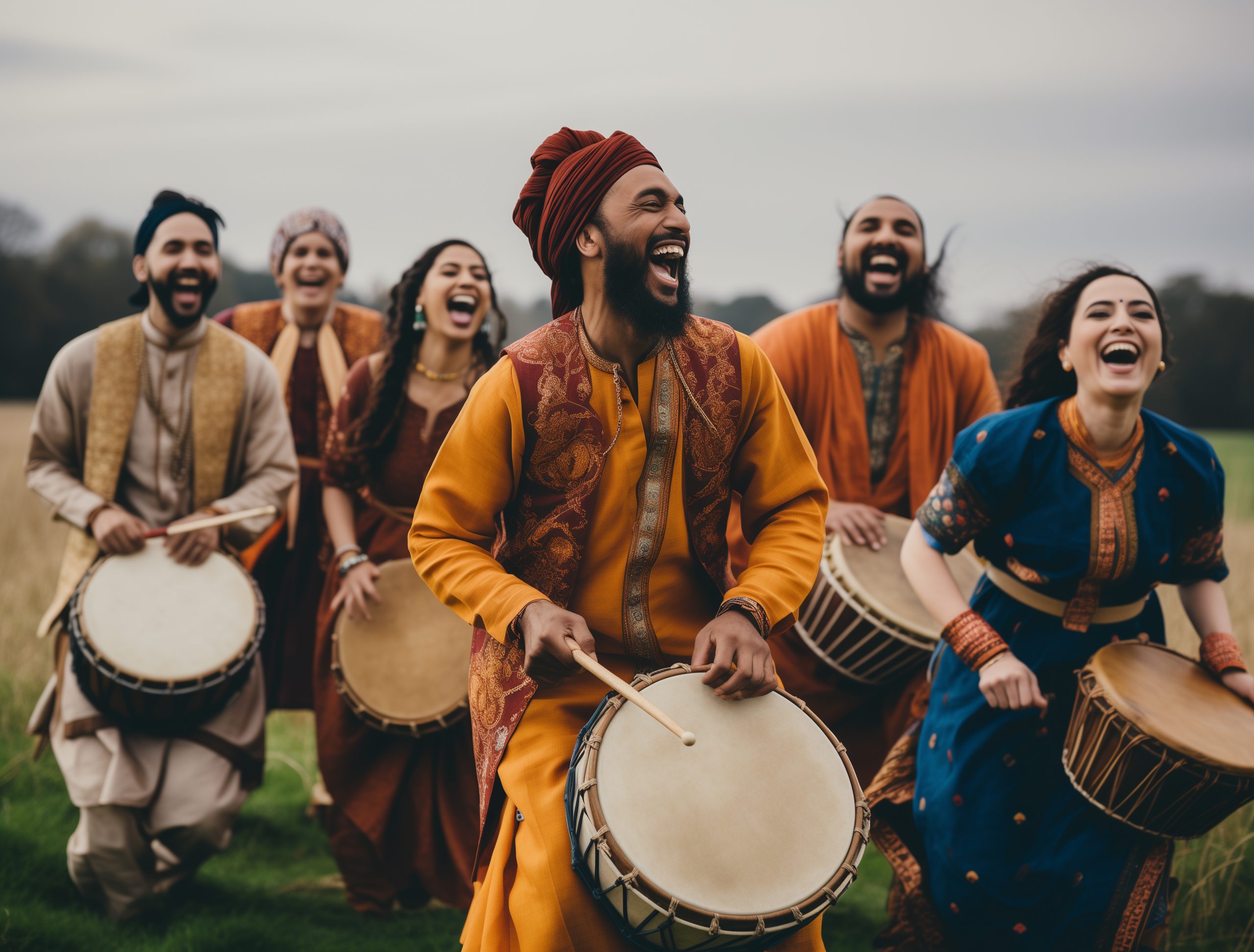 a group of people standing in the field holding drums, in the style of manjit bawa, cheerful colors, elaborate, parodic, graceful poses, photo taken with provia, oshare kei --ar 25:19 Job ID: 7102d701-d0cf-46a6-aa9c-7004b08ec832